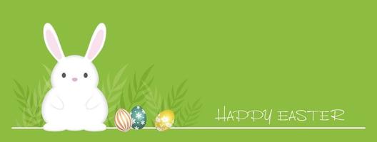 Easter Background Vector Illustration With An Easter Bunny, Colorful Eggs, And Text Space Isolated On A Green Background.