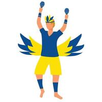 A European man is dancing in carnival costume with feathers and maracas. Vector illustration.