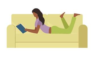 African American woman is reading a book on the sofa. Vector illustration.