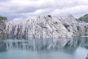 The limestone mountains after the concession explosion during the rainy season form a large and beautiful pond. photo