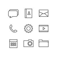 elementos de conjunto de iconos de línea de aplicaciones móviles simples para la interfaz de usuario vector de aplicación predeterminado de contorno negro