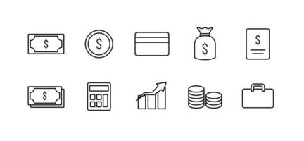 Finance Money Icon Set Simple Black Thin Line Symbol Money Coin Card Graph Calculator Illustration vector