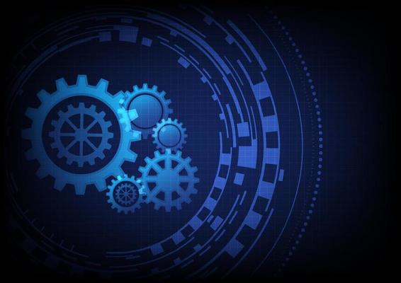 Gear wheel and circuit board on futuristic technology background.