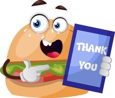 Burger with thank you note, illustration, vector on white background.