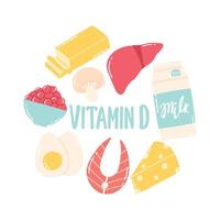 Vitamin d. Set of Foods containing vitamin d. Food rich in vitamin d. Vector illustration. Vector illustration. Drawn style.