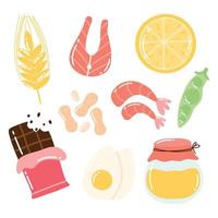 alérgenos alimentarios. colección de productos alérgenos. ilustración vectorial alergia. estilo dibujado. alérgeno pescado, huevo, miel, gluten, leche. vector