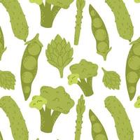 Seamless pattern with green vegetables. Pattern with cucumber, broccoli, peas, artichoke. vector illustration. Drawing style.