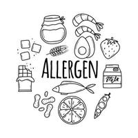 Food Allergens. Allergen Products Collection. Vector illustration. Allergy. Doodle style. Allergen fish, egg, honey, gluten, milk.