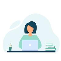 Young woman with laptop working on the table with books and pencils. Freelancer sitting with notebook concept vector