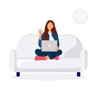 Business woman sitting on the sofa working with laptop. Young girl freelancer makes ok with fingers vector