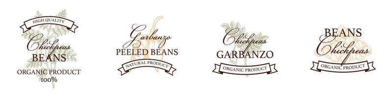 Set of hand drawn vintage chickpeas logo templates. Vector illustration in sketch stile. Botany design isolated on white
