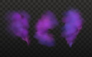 Realistic scary mystical  clouds fog in night Halloween. Purple  flows poisonous gas, dust and smoke effect.Vector set. vector