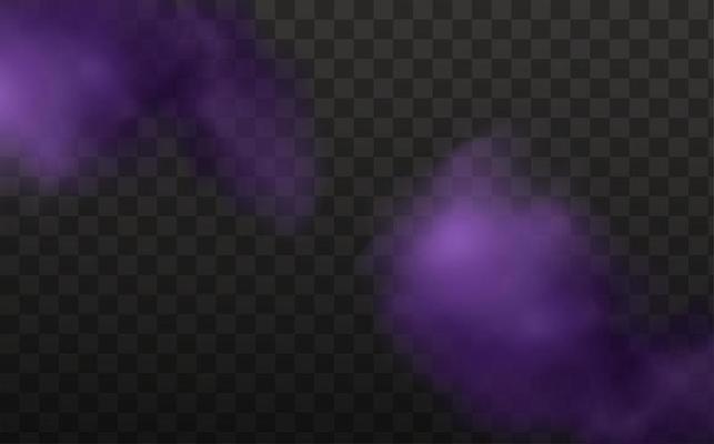 Realistic scary mystical  clouds fog in night Halloween. Purple  flows poisonous gas, dust and smoke effect.Vector set.
