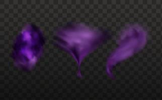 Realistic scary mystical  clouds fog in night Halloween. Purple  flows poisonous gas, dust and smoke effect.Vector set. vector