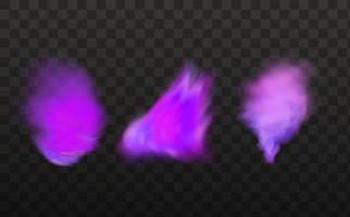 Realistic scary mystical  clouds fog in night Halloween. Purple  flows poisonous gas, dust and smoke effect.Vector set. vector