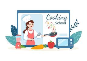 transmisión en vivo de cocina en línea con el chef en clase aprende a cocinar comida casera y una variedad de platos en dibujos animados planos dibujados a mano ilustración de plantilla vector