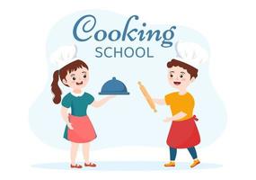 escuela de cocina con niños y maestros en una clase aprendiendo a aprender a cocinar comida casera en dibujos animados planos dibujados a mano ilustración de plantillas vector