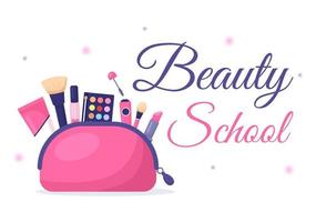 escuela de belleza y maquillaje con productos cosméticos para estudiar y hermosas chicas aplicando maquillaje en dibujos animados planos dibujados a mano ilustración de plantillas vector