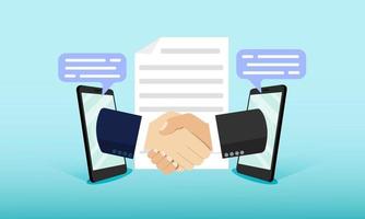 Business people shaking hands with business people on the phone Concept of agreeing to do business contract via mobile phone is a long-distance communication technology to expand business vector