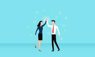 The male and female team do a giving high five, the concept of expressing the feeling of happiness of employees who come up with ideas for work or complete tasks. vector