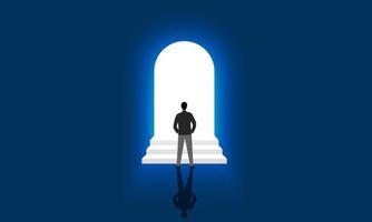 Businessman standing in front of the white door to success with stairs leading up Shows the success of the business that lies ahead just by doing it. vector