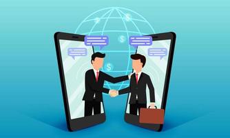 Business people shaking hands on the phone The concept of cooperating businesses as partners through mobile phones. It is a long-distance communication technology that expands business to grow. vector