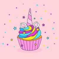 Unicorn cupcake design. Happy birthday card for a child. Festive girls banner design. Vector illustration