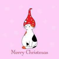 Cute cat in a gnome hat. Doodle style illustration. Christmas greeting card. Merry Christmas. Vector illustration