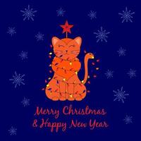 Cute Christmas card. Cat in a garland. Snowflakes. Merry Christmas and Happy New Year. Happy New Year of the cat or hare. Vector illustration