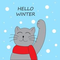 Happy cat plays with snow. Hello winter. Greeting card or sticker design. Vector illustration