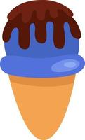 Blue ice cream with chocolate in cone, illustration, vector on a white background.