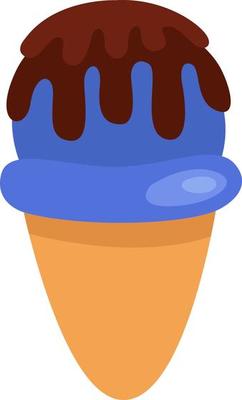 Blue ice cream with chocolate in cone, illustration, vector on a white background.