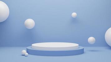 White podium or White circle platform with White ball around on Blue Backdrop and the Studio bright lighting, Concept of Minimal and clean for placing products, 3D rendering image. photo