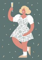 A beautiful girl in a dress is holding a glass of champagne. Modern vector flat illustration.