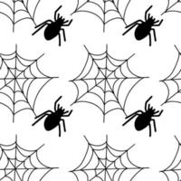 Halloween seamless pattern with black spider and cobweb illustration on white color background vector