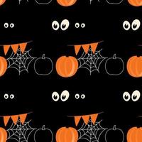 patrón sin fisuras de halloween con ilustración de calabaza, telaraña y ojos sobre fondo de color negro vector