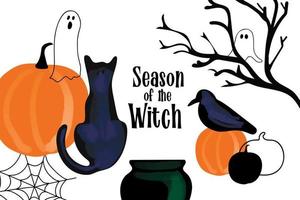 Halloween card design with pumkin, black cat, ghosts illustration and text Season of the Witch on white background vector