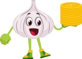 Garlic with coins, illustration, vector on white background.