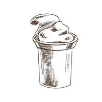 A cup of sour cream, yogurt. Ink sketch isolated on white background. Hand drawn vector illustration. Vintage style stroke drawing.