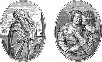 Nobleman from Venice and his wife Paulina, Crispijn van de Passe II, 1641, vintage illustration.