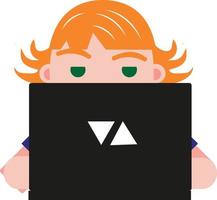 Ginger haired girl with black laptop, illustration, vector on a white background.