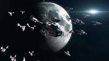 Sci-Fi Battleship Fleet in Moon Orbit video