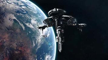 nave de guerra de ficção científica deixando a estação espacial em órbita terrestre video