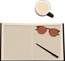 Mug and notebook, illustration, vector on white background.