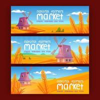 Natural farmer market cartoon banners, windmill vector