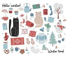 Big winter cozy collection of seasonal items, food, cute cats, trees, clothes, gifts, pillows, skates and decor. Vector illustration. isolated colored elements in flat style for design and decor.