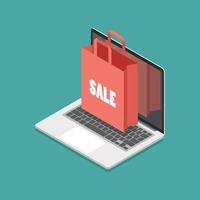 Shopping bag on laptop screen isometric view vector