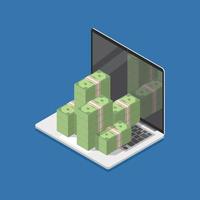 Pile of money on laptop isometric view vector