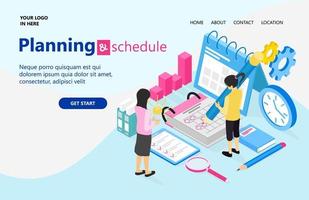 Landing page with illustration of isometric style business plan and schedule vector