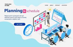 Landing page with illustration of isometric style business plan and schedule vector